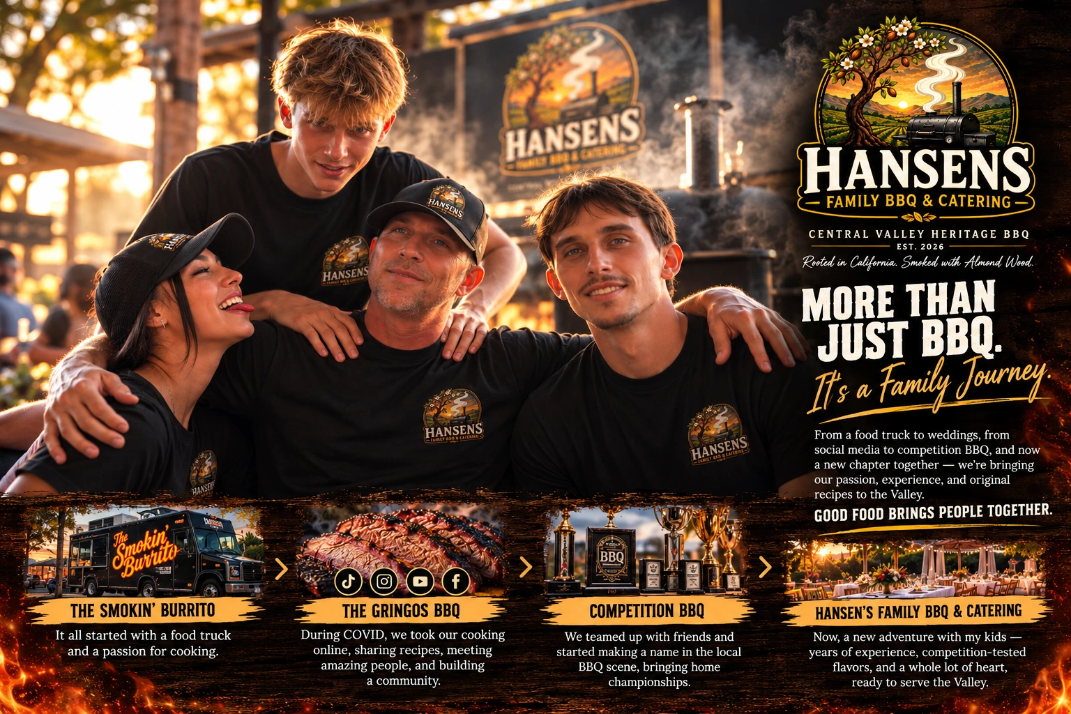 Hansen family together in branded shirts, with their BBQ journey from The Smokin’ Burrito to The Gringos BBQ, competition BBQ, and Hansen’s Family BBQ & Catering